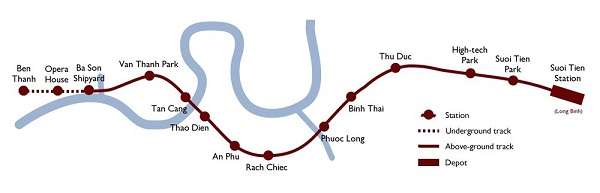 Bản đồ lộ trình tuyến số 1 từ Bến Thành đến Suối Tiên