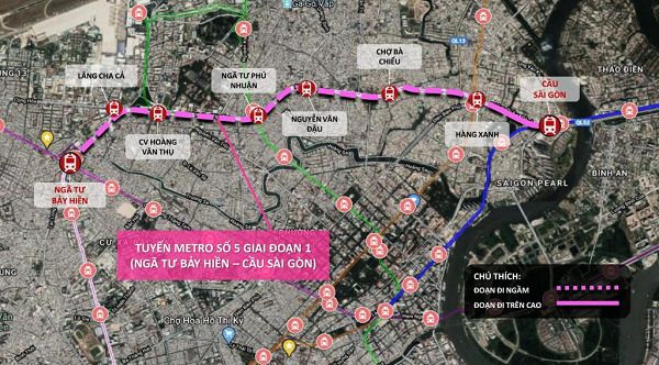 Bản đồ tuyến Metro số 5 giai đoạn 1 (Nguồn: Internet)
