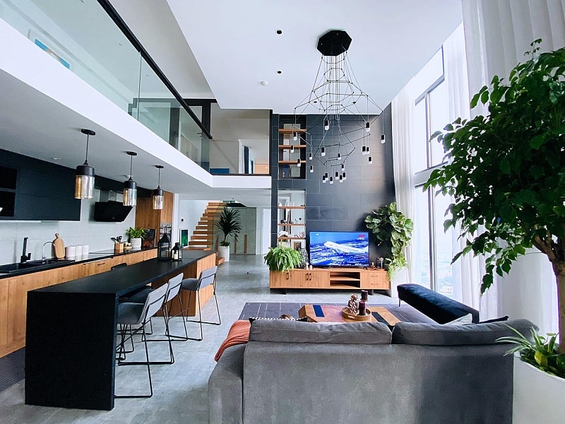 Mẫu không gian phòng khách và bếp trong thiết kế căn hộ Penthouse hiện đại